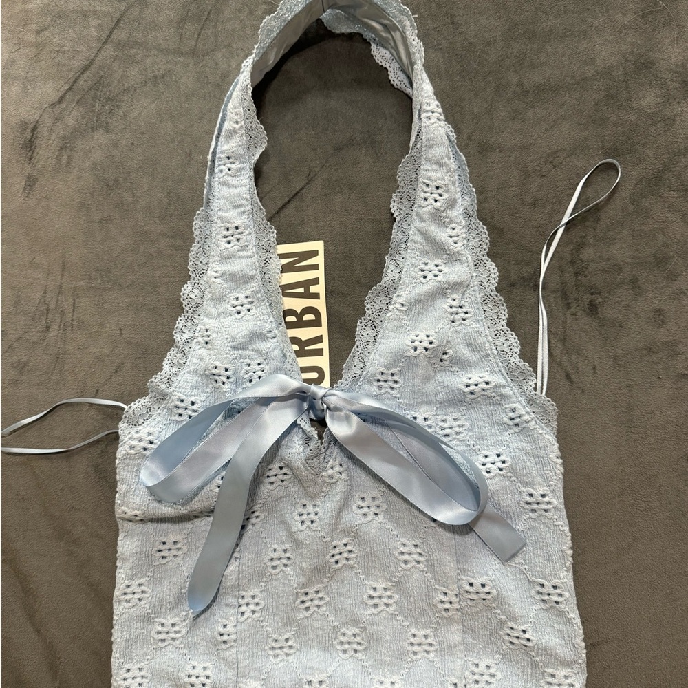 Light Blue Lace Halter Top with Ribbon